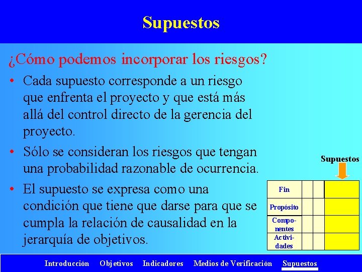 Supuestos ¿Cómo podemos incorporar los riesgos? • Cada supuesto corresponde a un riesgo que