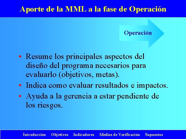 Aporte de la MML a la fase de Operación • Resume los principales aspectos