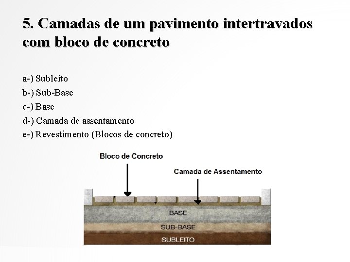 5. Camadas de um pavimento intertravados com bloco de concreto a-) Subleito b-) Sub-Base