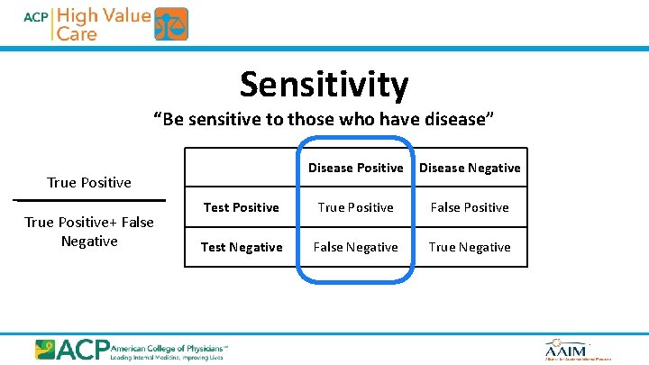 Sensitivity “Be sensitive to those who have disease” Disease Positive Disease Negative Test Positive
