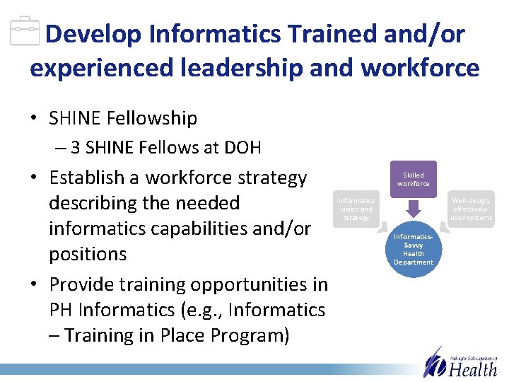 Develop Informatics Trained and/or experienced leadership and workforce • SHINE Fellowship – 3 SHINE
