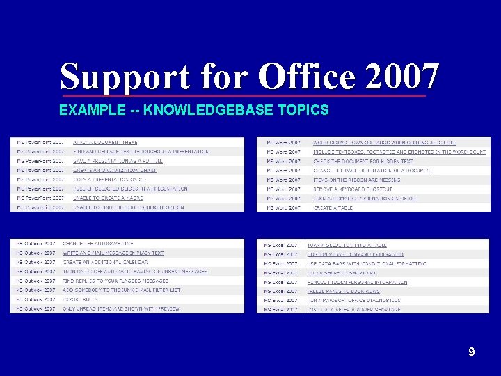 Support for Office 2007 EXAMPLE -- KNOWLEDGEBASE TOPICS 9 