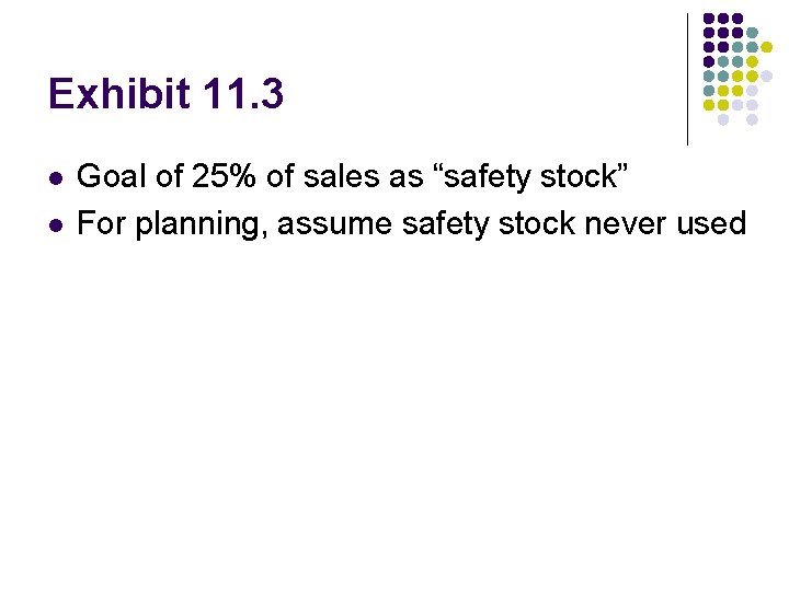 Exhibit 11. 3 l l Goal of 25% of sales as “safety stock” For