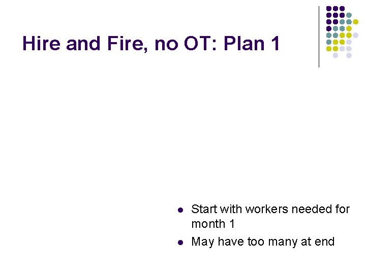 Hire and Fire, no OT: Plan 1 l l Start with workers needed for