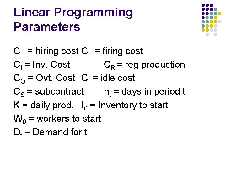 Linear Programming Parameters CH = hiring cost CF = firing cost CI = Inv.