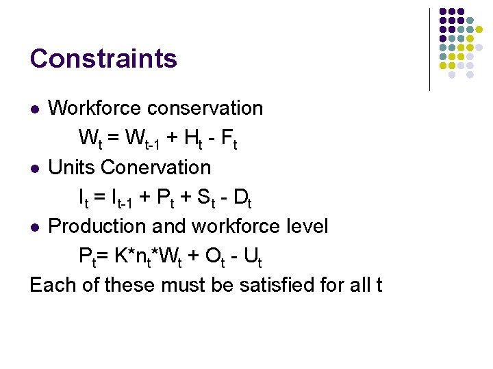 Constraints Workforce conservation Wt = Wt-1 + Ht - Ft l Units Conervation It
