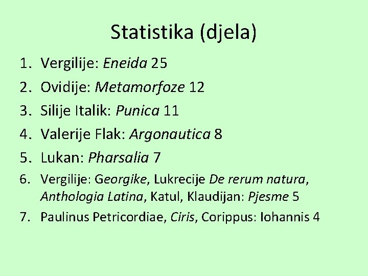 Statistika (djela) 1. 2. 3. 4. 5. Vergilije: Eneida 25 Ovidije: Metamorfoze 12 Silije