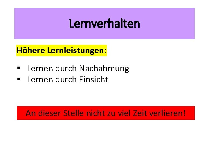 Lernverhalten Höhere Lernleistungen: § Lernen durch Nachahmung § Lernen durch Einsicht An dieser Stelle