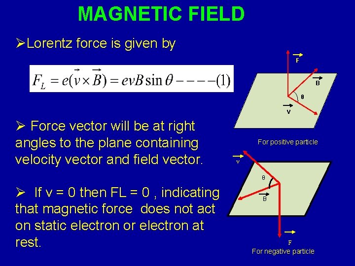 MAGNETIC FIELD ØLorentz force is given by F B θ v Ø Force vector