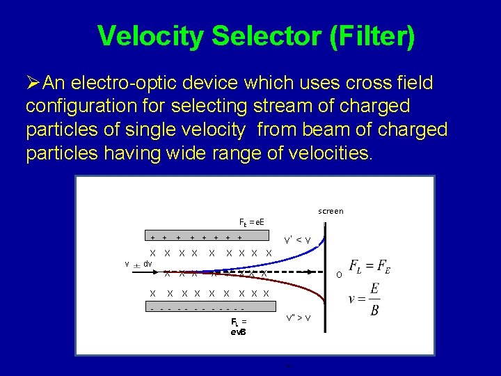 Velocity Selector (Filter) ØAn electro-optic device which uses cross field configuration for selecting stream