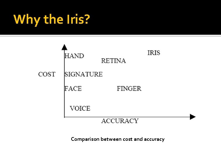 Why the Iris? Comparison between cost and accuracy 