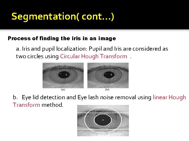 Segmentation( cont…) Process of finding the iris in an image a. Iris and pupil