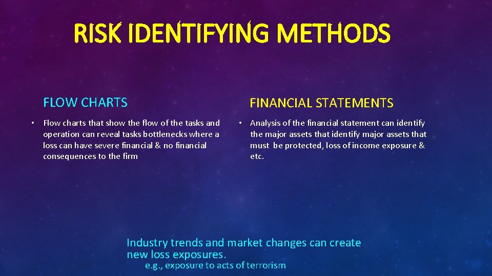 RISK IDENTIFYING METHODS FLOW CHARTS FINANCIAL STATEMENTS • Flow charts that show the flow