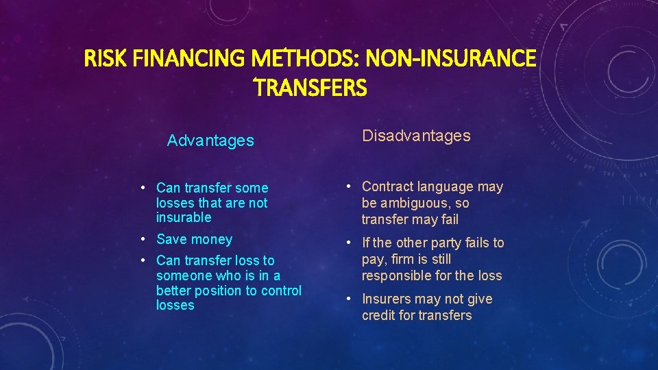 RISK FINANCING METHODS: NON-INSURANCE TRANSFERS Advantages Disadvantages • Can transfer some losses that are