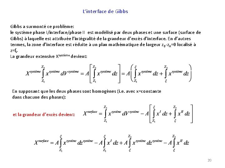 L’interface de Gibbs a surmonté ce problème: le système phase I/interface/phase II est modélisé
