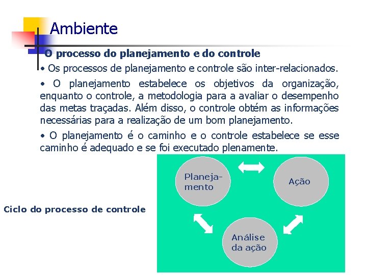 Ambiente O processo do planejamento e do controle • Os processos de planejamento e