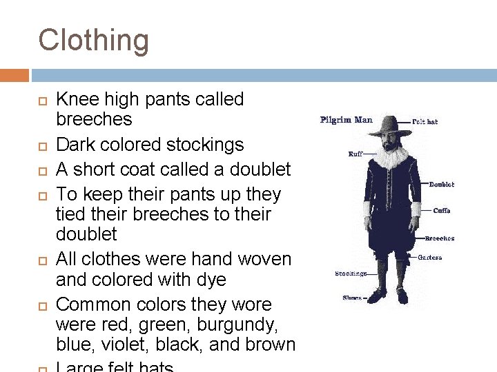 Clothing Knee high pants called breeches Dark colored stockings A short coat called a