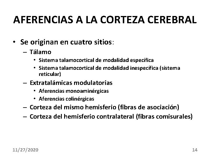 AFERENCIAS A LA CORTEZA CEREBRAL • Se originan en cuatro sitios: – Tálamo •