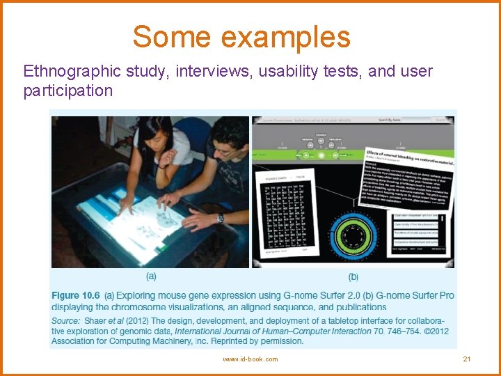 Some examples Ethnographic study, interviews, usability tests, and user participation www. id-book. com 21