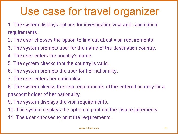 Use case for travel organizer 1. The system displays options for investigating visa and