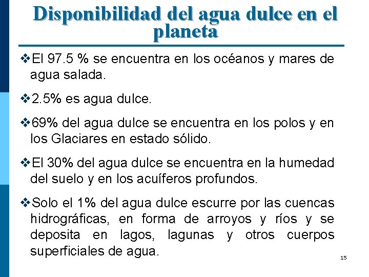 Disponibilidad del agua dulce en el planeta v. El 97. 5 % se encuentra