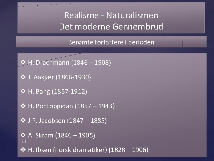 Realisme - Naturalismen Det moderne Gennembrud Berømte forfattere i perioden v H. Drachmann (1846