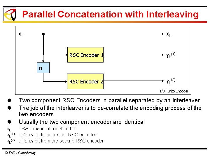 Parallel Concatenation with Interleaving xk xk RSC Encoder 1 yk(1) RSC Encoder 2 yk(2)