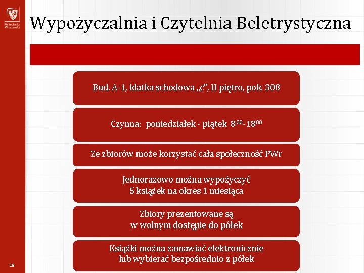 Wypożyczalnia i Czytelnia Beletrystyczna Bud. A-1, klatka schodowa „c”, II piętro, pok. 308 Czynna: