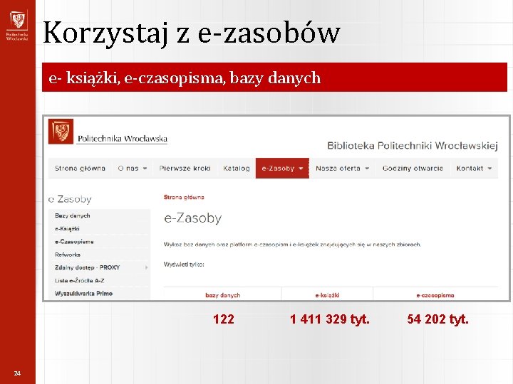 Korzystaj z e-zasobów e- książki, e-czasopisma, bazy danych 122 24 1 411 329 tyt.