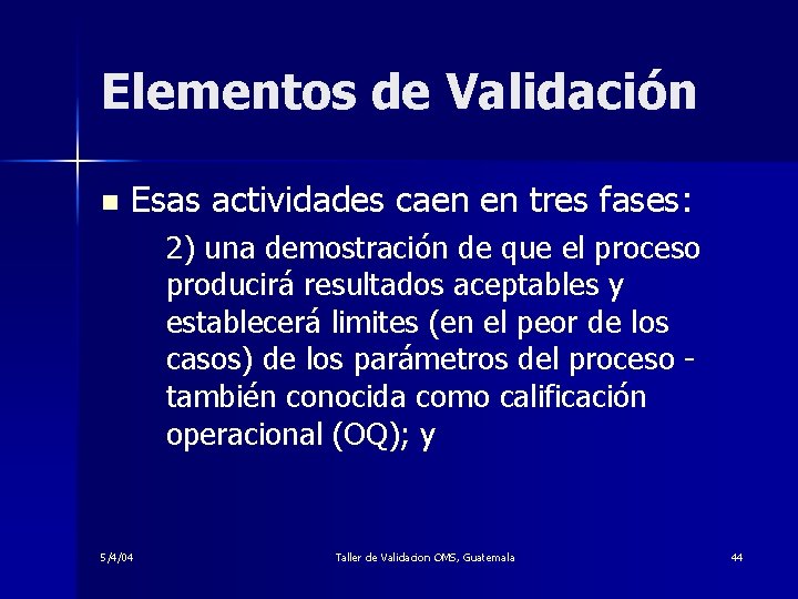Elementos de Validación n Esas actividades caen en tres fases: 2) una demostración de