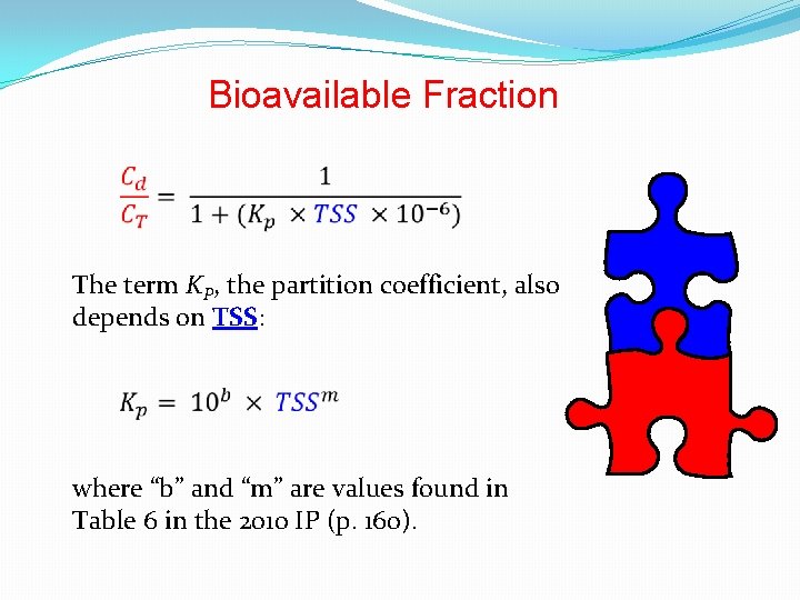 Bioavailable Fraction The term KP, the partition coefficient, also depends on TSS: where “b”