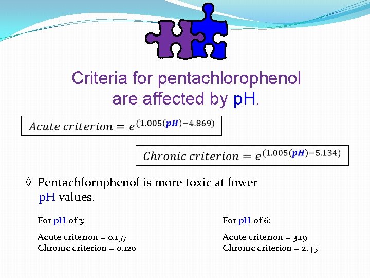 Criteria for pentachlorophenol are affected by p. H. ◊ Pentachlorophenol is more toxic at