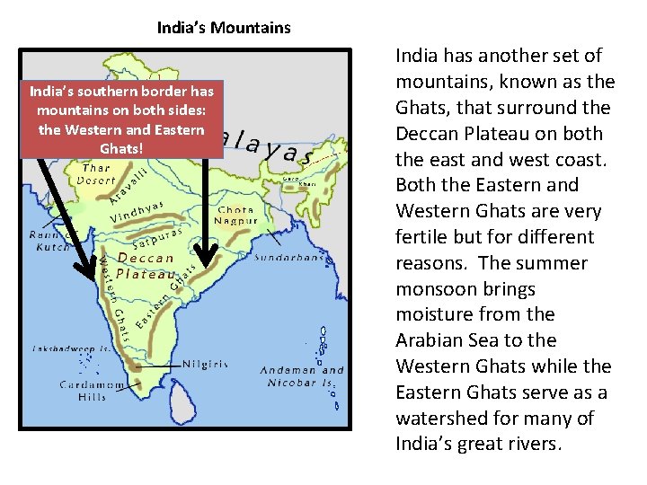 India’s Mountains India’s southern border has mountains on both sides: the Western and Eastern