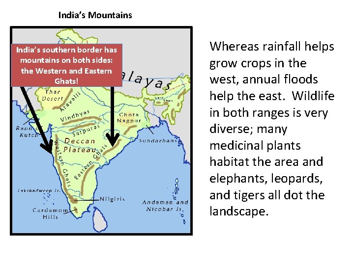 India’s Mountains India’s southern border has mountains on both sides: the Western and Eastern
