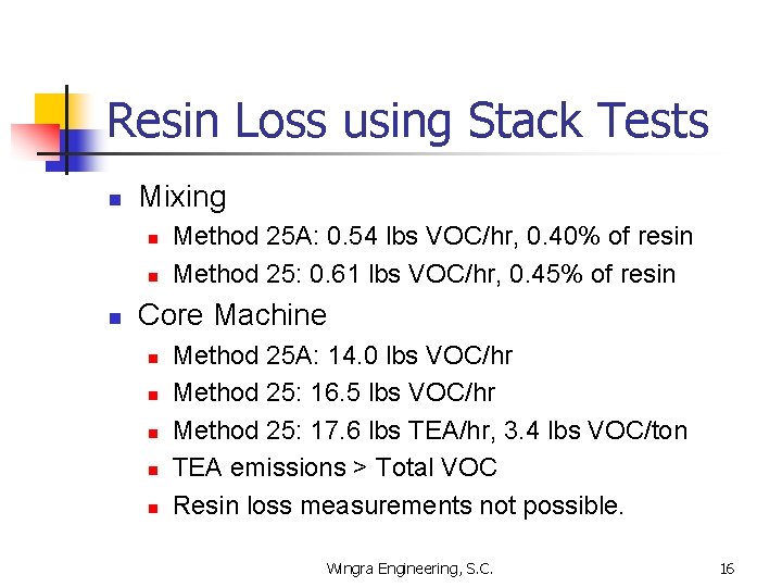 Resin Loss using Stack Tests n Mixing n n n Method 25 A: 0.