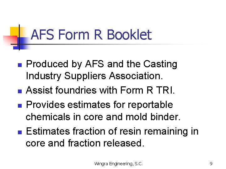 AFS Form R Booklet n n Produced by AFS and the Casting Industry Suppliers