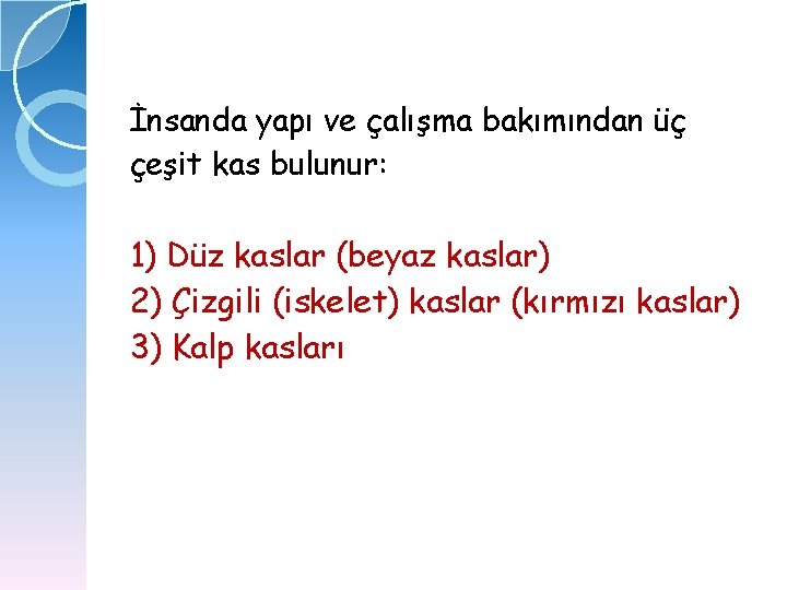 İnsanda yapı ve çalışma bakımından üç çeşit kas bulunur: 1) Düz kaslar (beyaz kaslar)