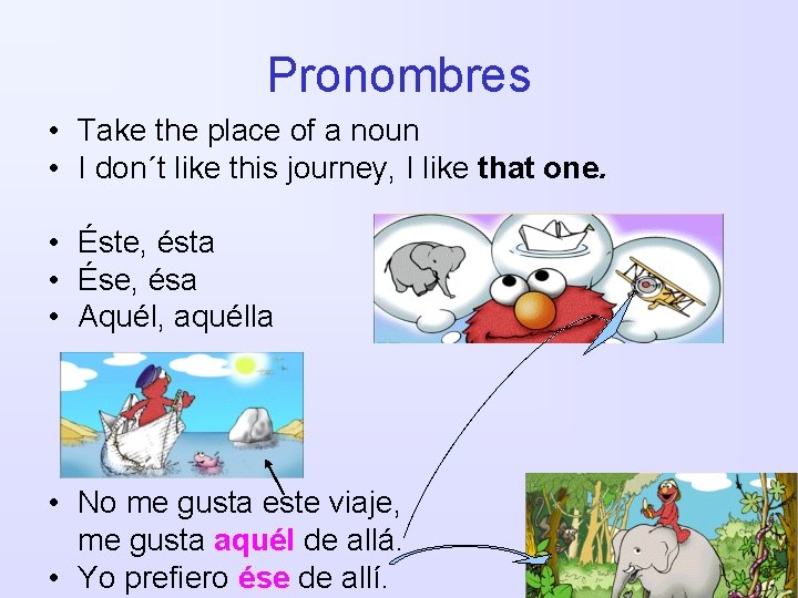 Pronombres • Take the place of a noun • I don´t like this journey,