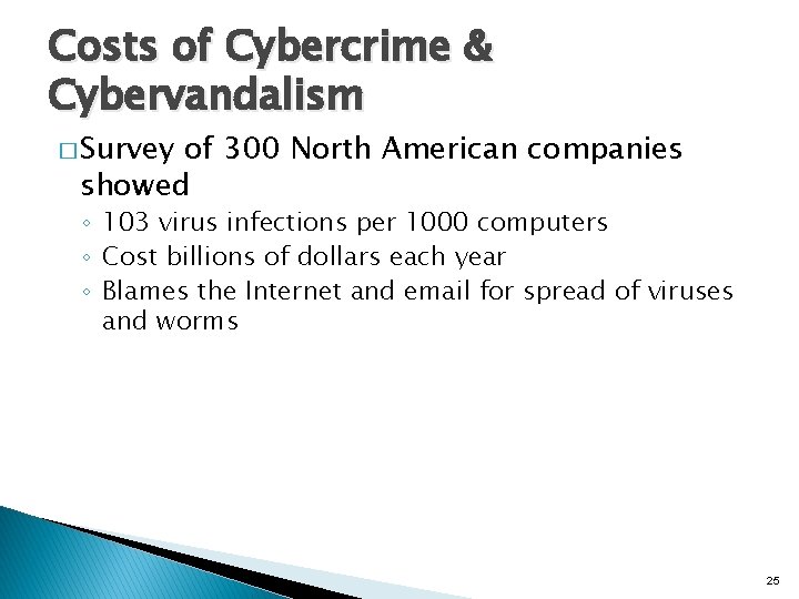 Costs of Cybercrime & Cybervandalism � Survey of 300 North American companies showed ◦