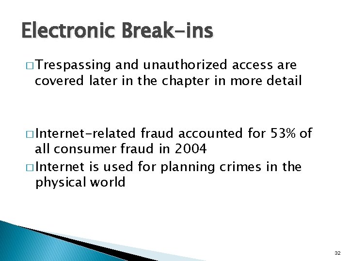 Electronic Break-ins � Trespassing and unauthorized access are covered later in the chapter in