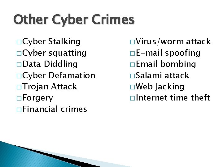 Other Cyber Crimes � Cyber Stalking � Cyber squatting � Data Diddling � Cyber
