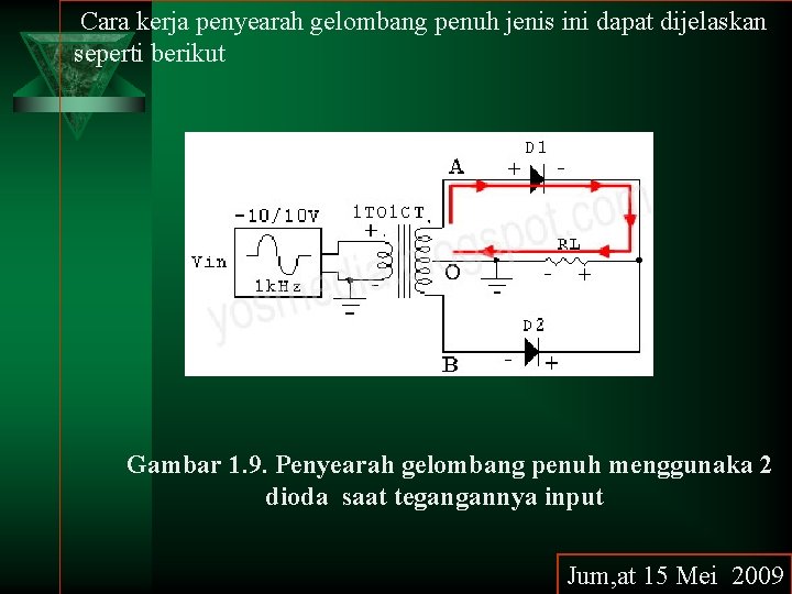 Cara kerja penyearah gelombang penuh jenis ini dapat dijelaskan seperti berikut Gambar 1. 9.