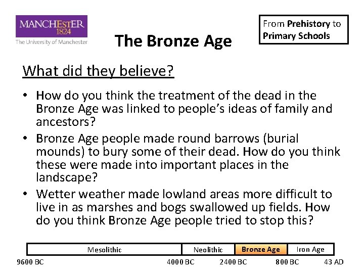 The Bronze Age From Prehistory to Primary Schools What did they believe? • How