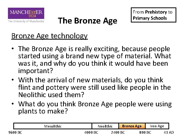 The Bronze Age From Prehistory to Primary Schools Bronze Age technology • The Bronze