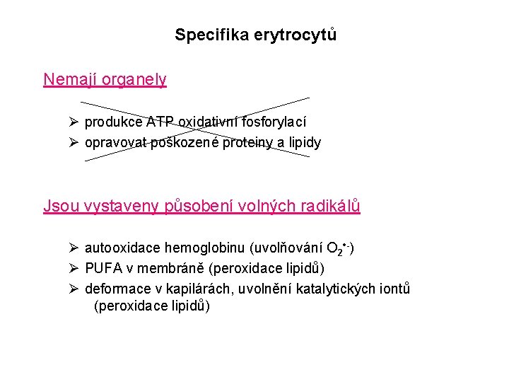 Specifika erytrocytů Nemají organely Ø produkce ATP oxidativní fosforylací Ø opravovat poškozené proteiny a