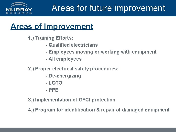 Areas for future improvement Areas of Improvement 1. ) Training Efforts: - Qualified electricians