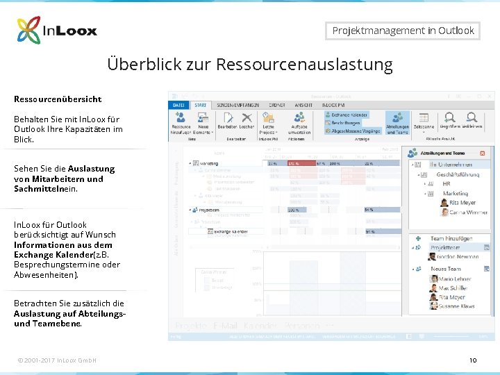 Seite 10 Projektmanagement in Outlook Überblick zur Ressourcenauslastung Ressourcenübersicht Behalten Sie mit In. Loox