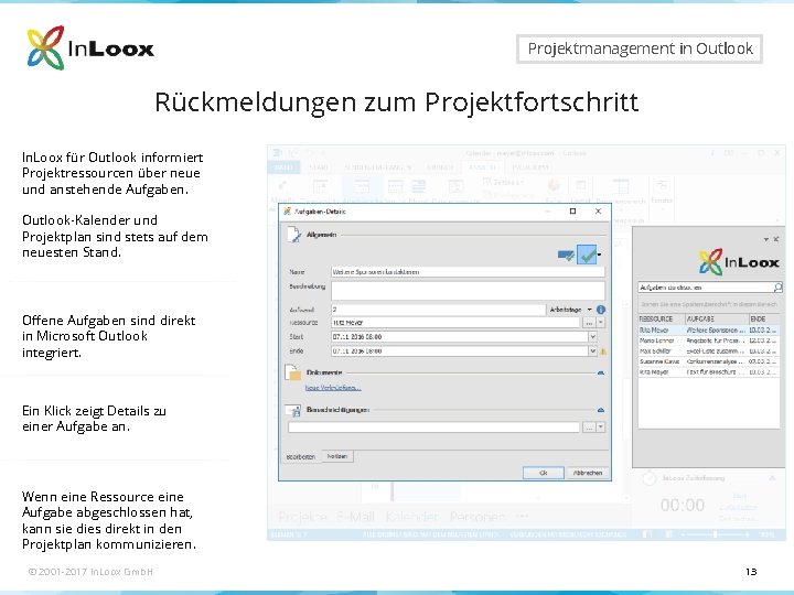Seite 13 Projektmanagement in Outlook Rückmeldungen zum Projektfortschritt In. Loox für Outlook informiert Projektressourcen