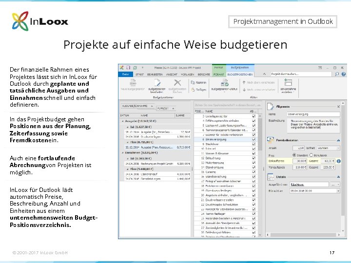 Seite 17 Projektmanagement in Outlook Projekte auf einfache Weise budgetieren Der finanzielle Rahmen eines
