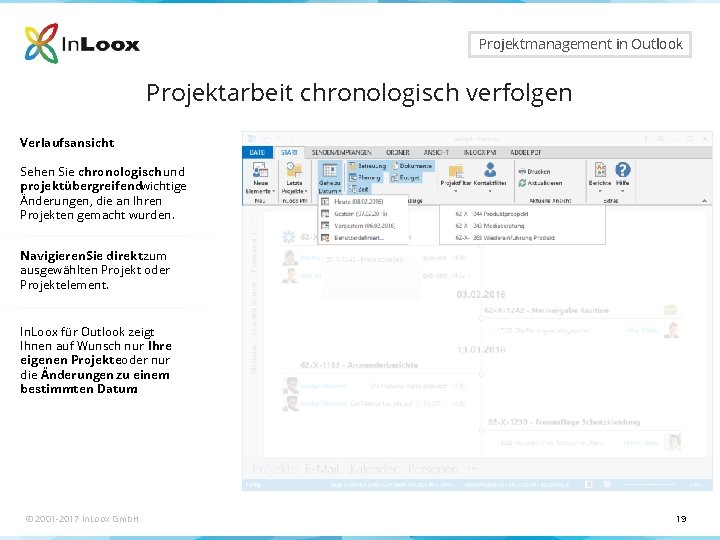 Seite 19 Projektmanagement in Outlook Projektarbeit chronologisch verfolgen Verlaufsansicht Sehen Sie chronologisch und projektübergreifendwichtige